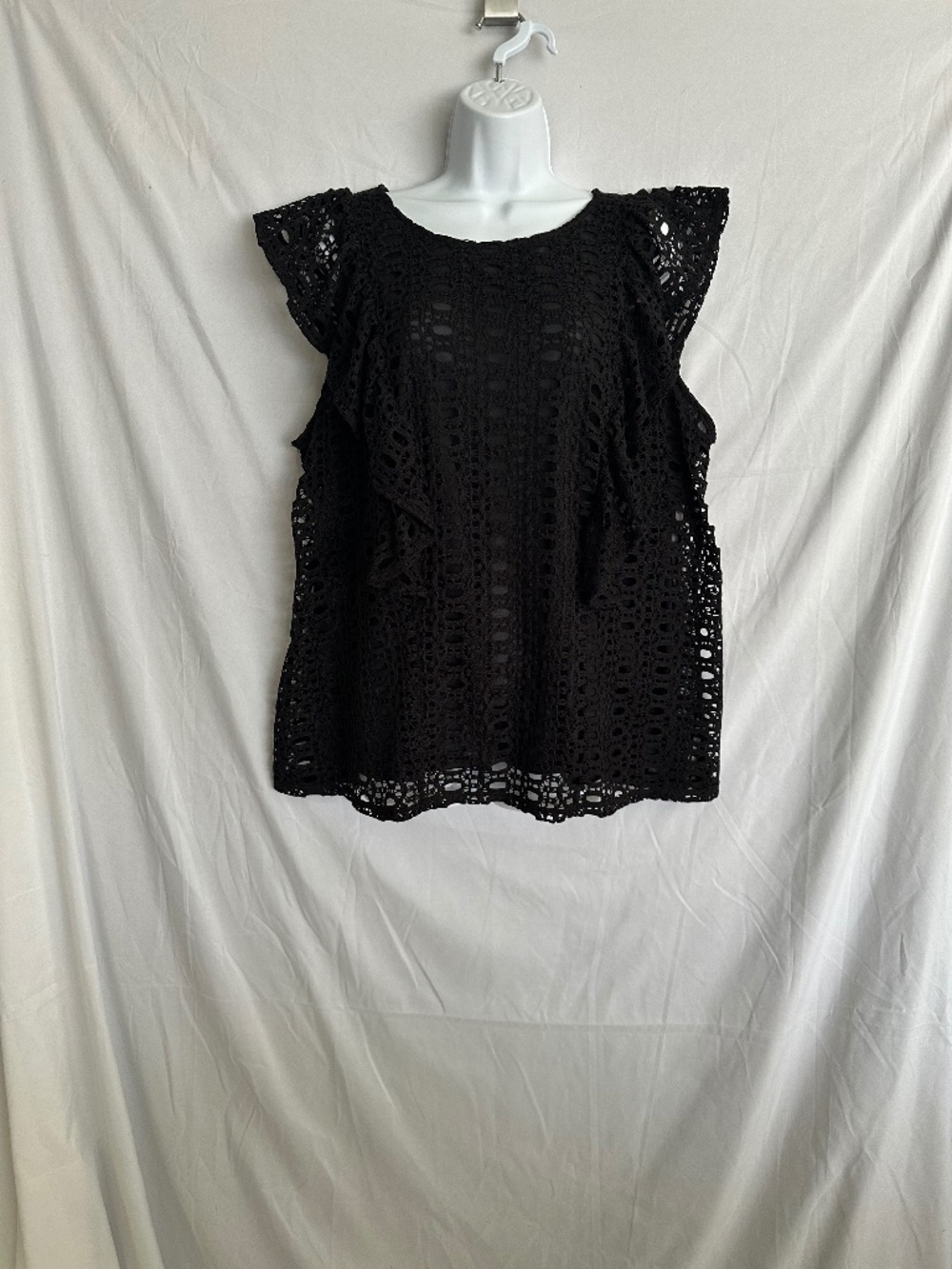Worthington Woman, black crochet ruffle blouse, size1X